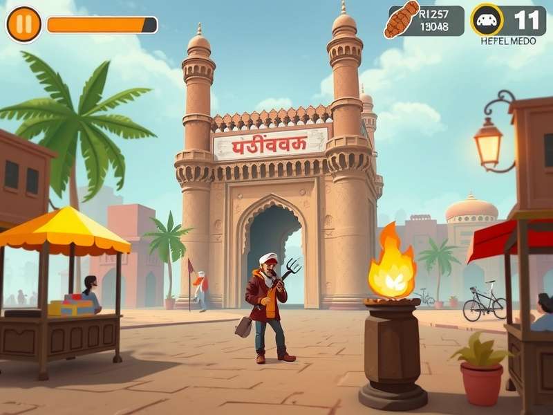 Hyderabadi Kebab Trek gameplay screenshot showing a character collecting kebabs in Hyderabad's Charminar area